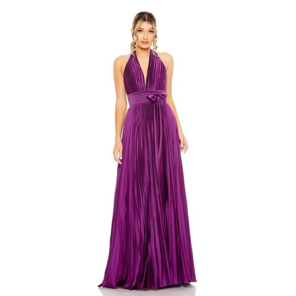 NWT Mac Duggal Pleated Halter Neck Gown with Center Bow Plum 2 #9662 - 63 - Picture 1 of 8